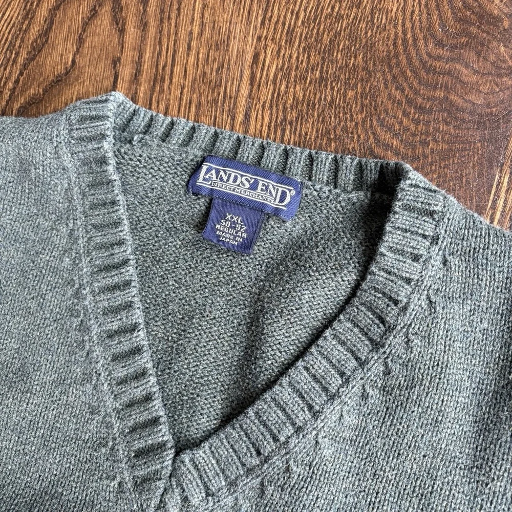 Vintage 90s Lands End Sweater Vest Mens XXL GreenV-Neck Heavy Knit Made In Japan